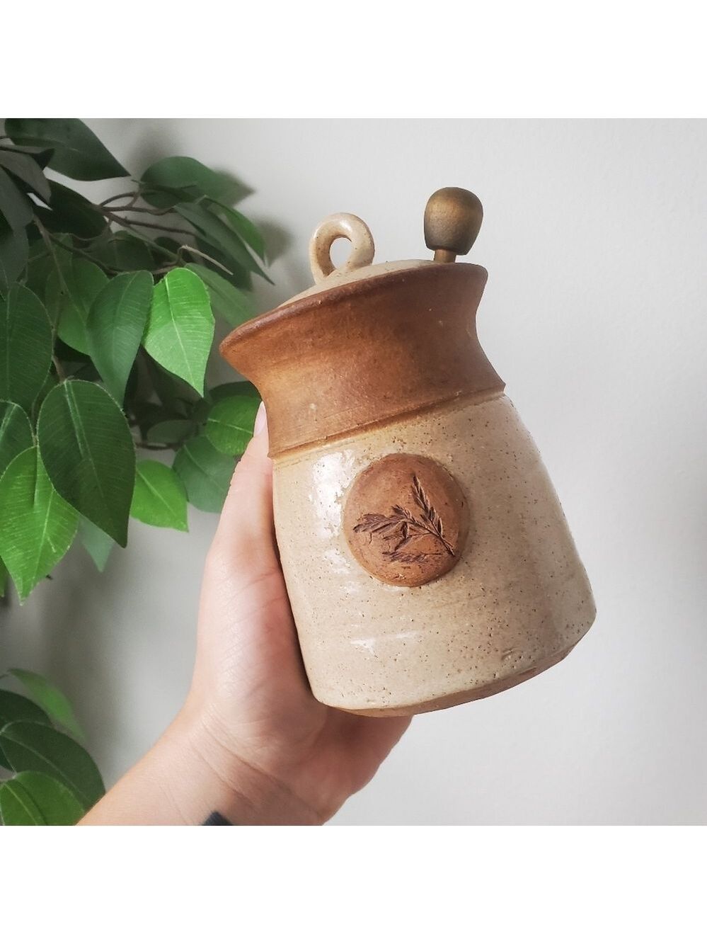Handcrafted Ceramic Pottery Honey Pot Jar with Lid - Brown and Cream